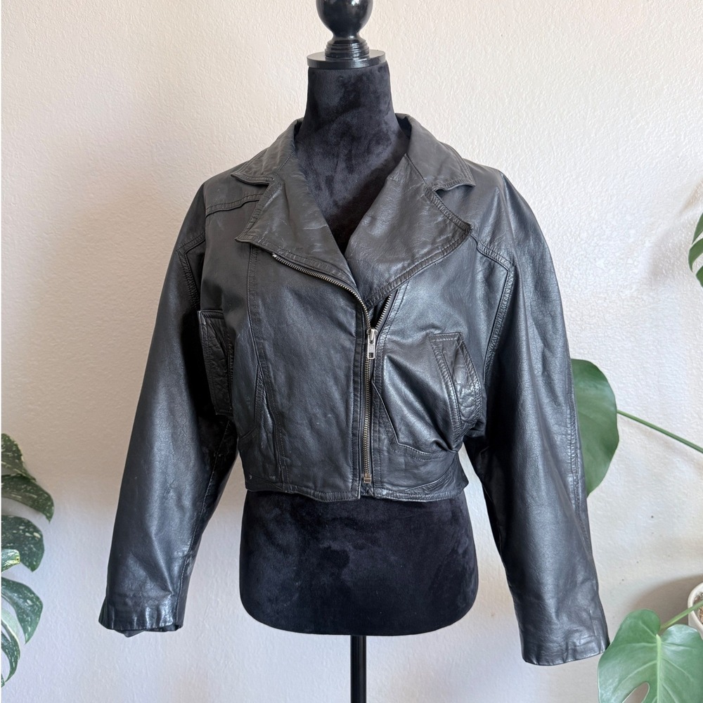 Vintage Winlit Black Leather Cropped Biker Jacket Womens Large 80s 90s Moto